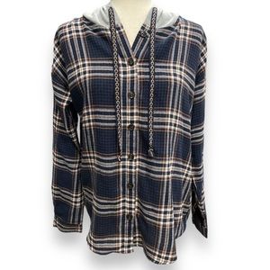 Hem & Thread Plaid Soft Flannel Button Down Hoodie w embroidered detail ties